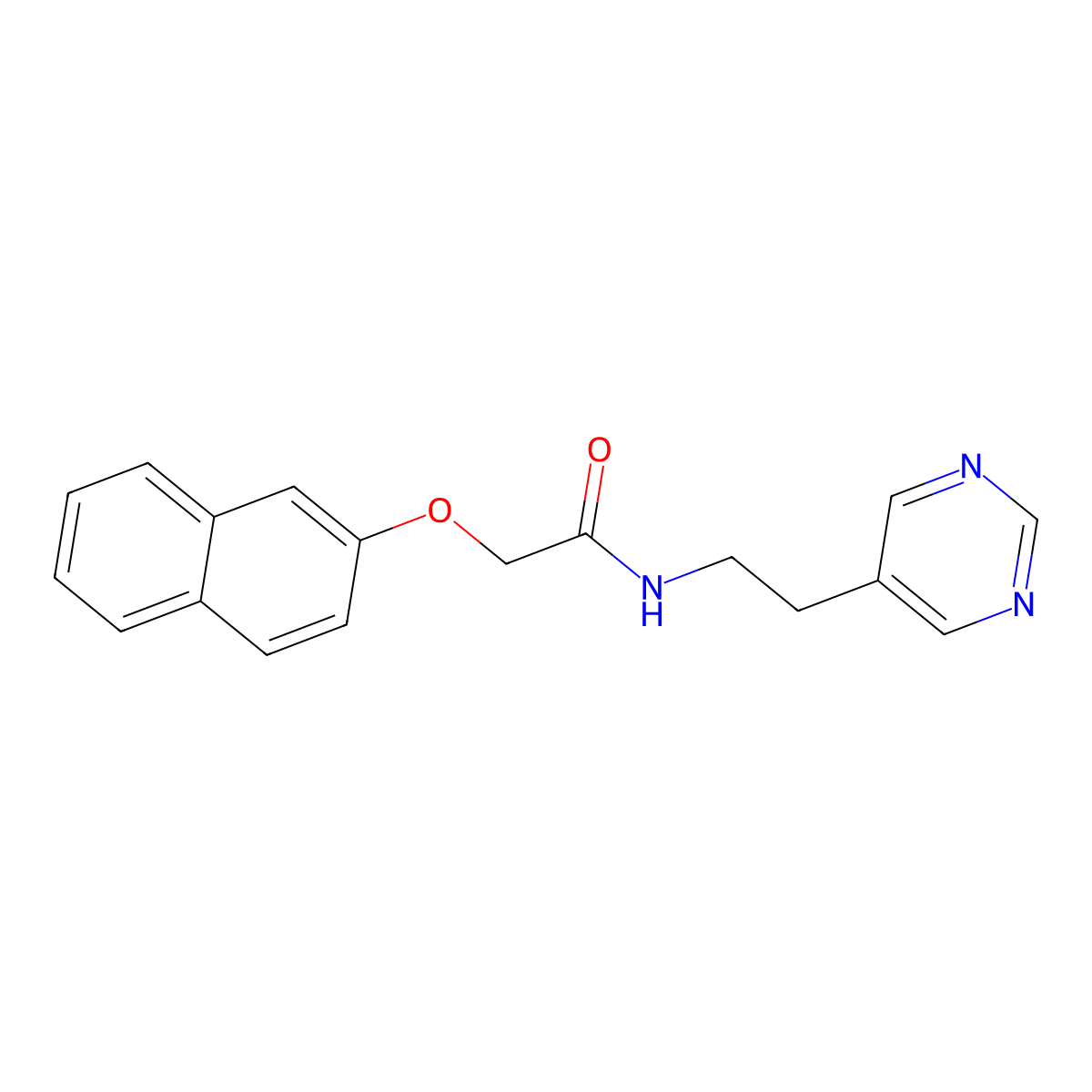2-(naphthalen-2-yloxy)-N-(2-(pyrimidin-5-yl)ethyl)acetamide molecular structure, CAS 2034481-92-8