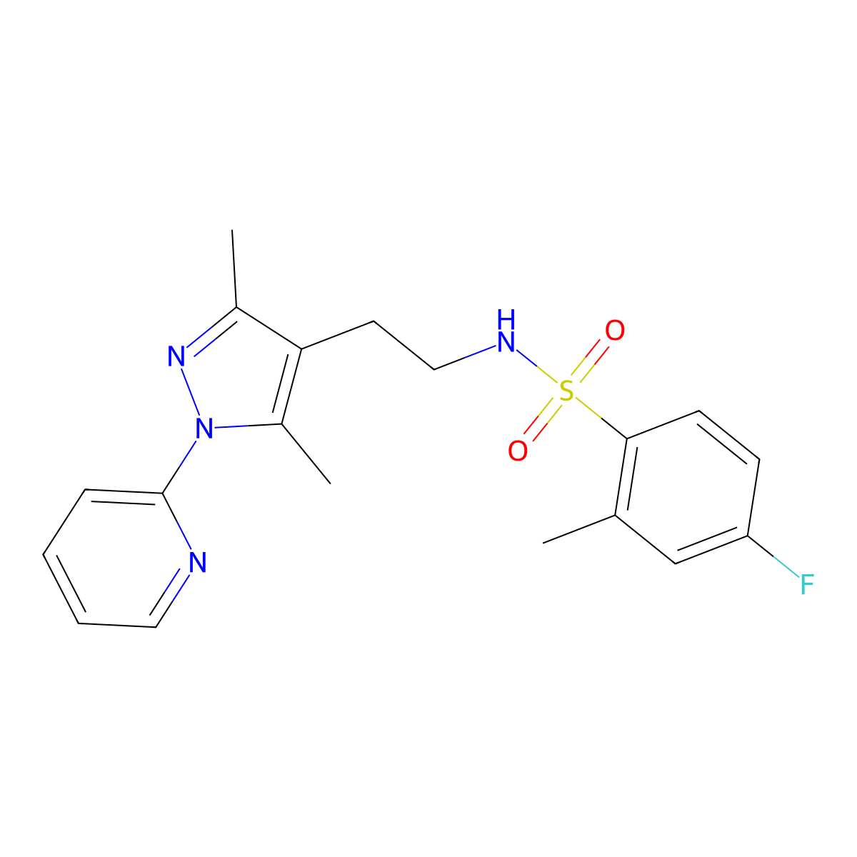 N-(2-(3,5-dimethyl-1-(pyridin-2-yl)-1H-pyrazol-4-yl)ethyl)-4-fluoro-2-methylbenzenesulfonamide molecular structure, CAS 2034481-93-9