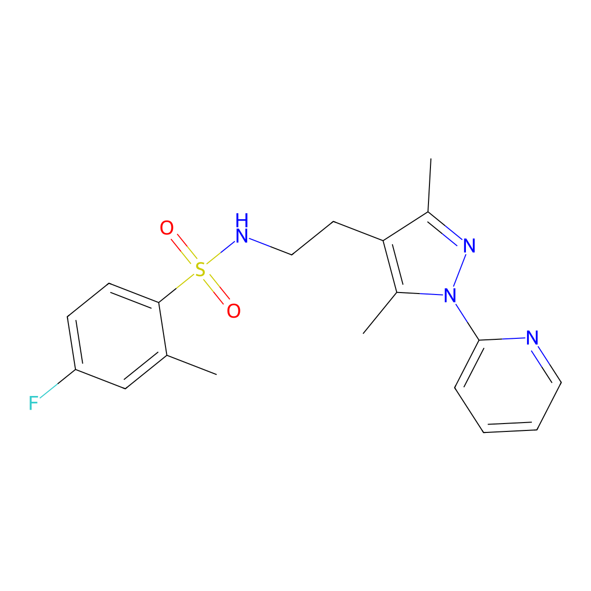 N-(2-(3,5-dimethyl-1-(pyridin-2-yl)-1H-pyrazol-4-yl)ethyl)-4-fluoro-2-methylbenzenesulfonamide molecular structure, CAS 2034481-93-9