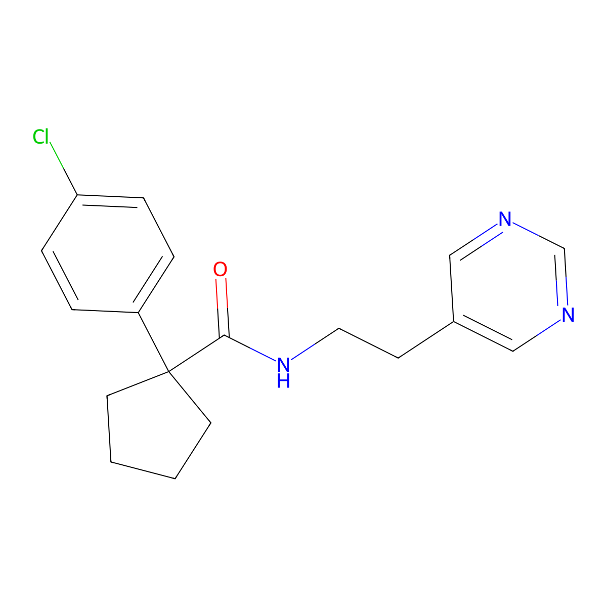 1-(4-chlorophenyl)-N-(2-(pyrimidin-5-yl)ethyl)cyclopentanecarboxamide molecular structure, CAS 2034482-01-2