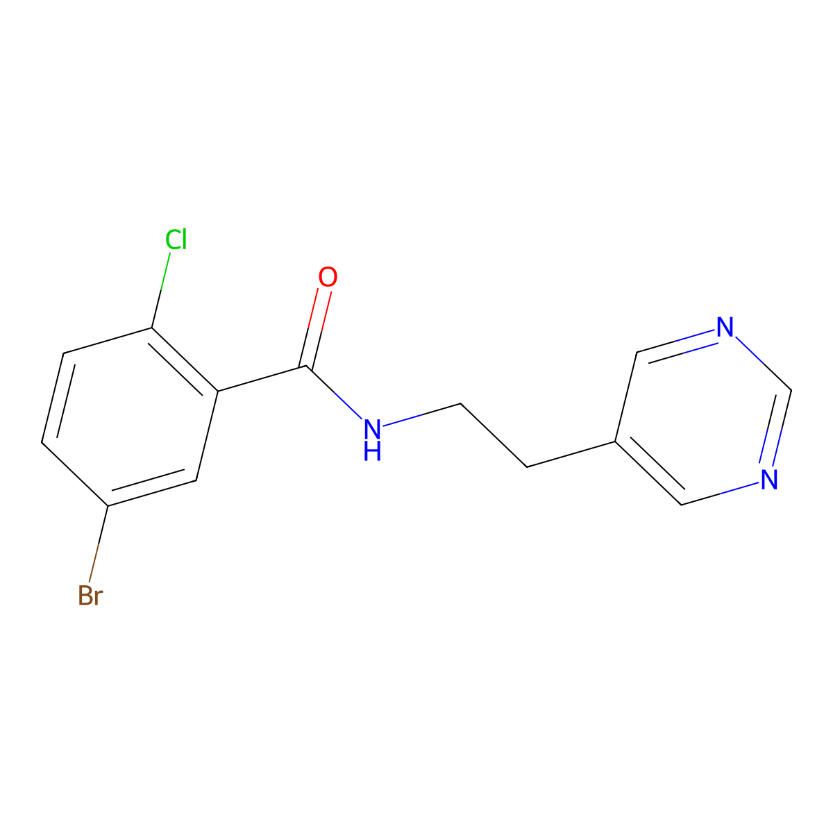 5-bromo-2-chloro-N-(2-(pyrimidin-5-yl)ethyl)benzamide molecular structure, CAS 2034482-11-4
