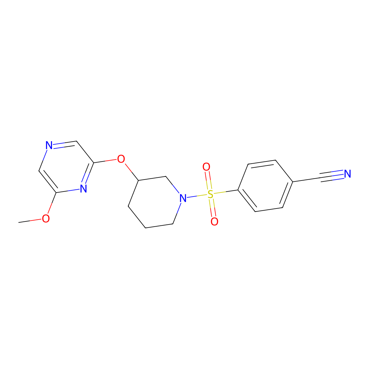 4-({3-[(6-Methoxypyrazin-2-yl)oxy]piperidin-1-yl}sulfonyl)benzonitrile molecular structure, CAS 2034482-12-5