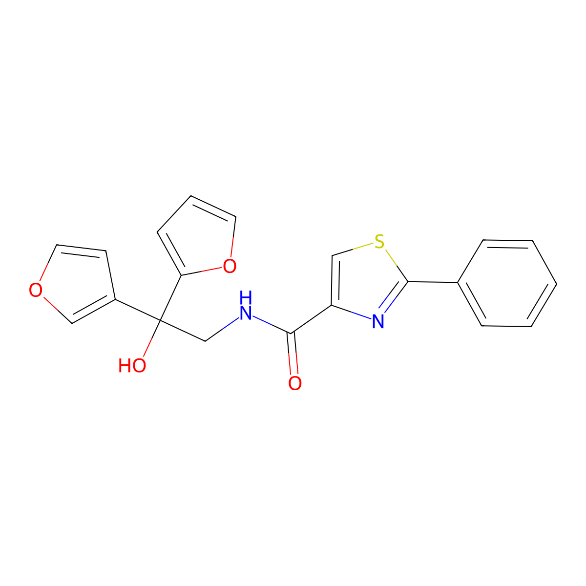 N-(2-(furan-2-yl)-2-(furan-3-yl)-2-hydroxyethyl)-2-phenylthiazole-4-carboxamide molecular structure, CAS 2034482-22-7