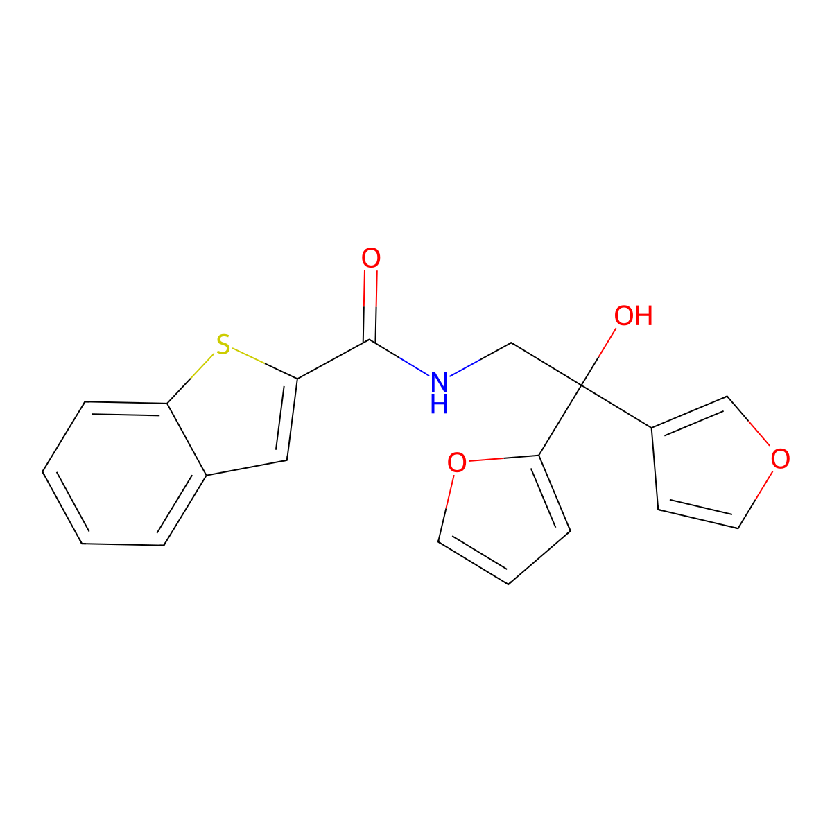 N-(2-(furan-2-yl)-2-(furan-3-yl)-2-hydroxyethyl)benzo[b]thiophene-2-carboxamide molecular structure, CAS 2034482-30-7