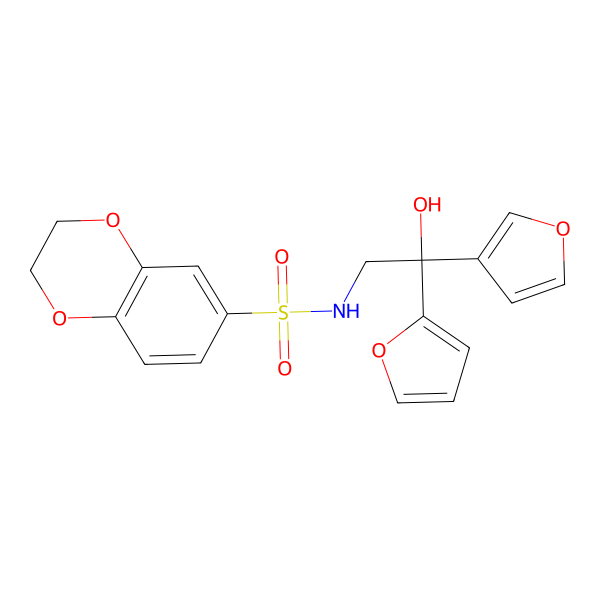 N-(2-(furan-2-yl)-2-(furan-3-yl)-2-hydroxyethyl)-2,3-dihydrobenzo[b][1,4]dioxine-6-sulfonamide molecular structure, CAS 2034482-31-8