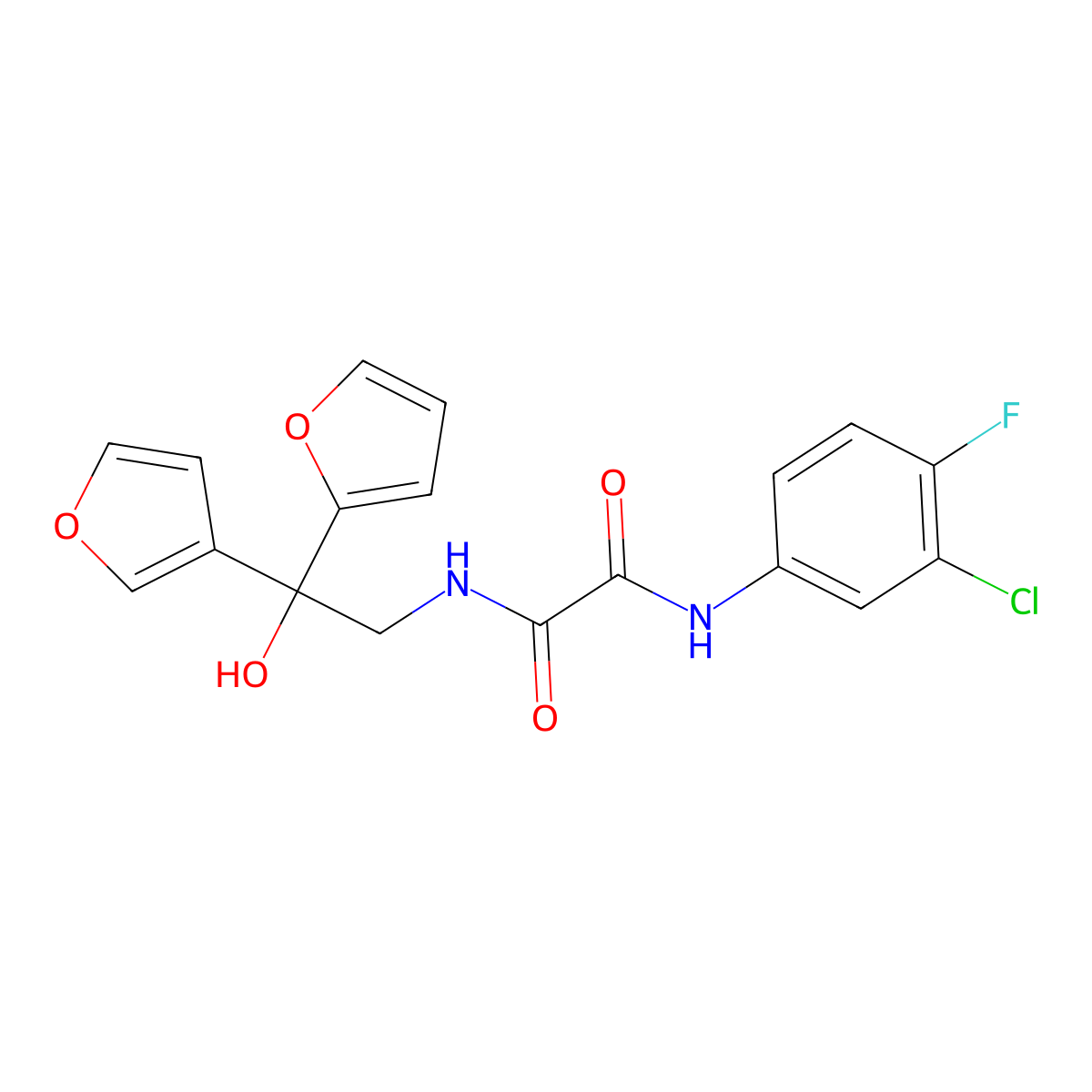 N1-(3-chloro-4-fluorophenyl)-N2-(2-(furan-2-yl)-2-(furan-3-yl)-2-hydroxyethyl)oxalamide molecular structure, CAS 2034482-38-5