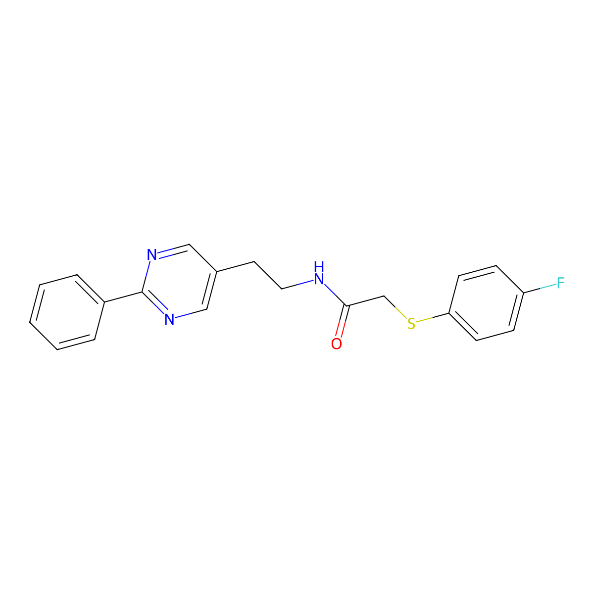 2-((4-fluorophenyl)thio)-N-(2-(2-phenylpyrimidin-5-yl)ethyl)acetamide molecular structure, CAS 2034482-53-4