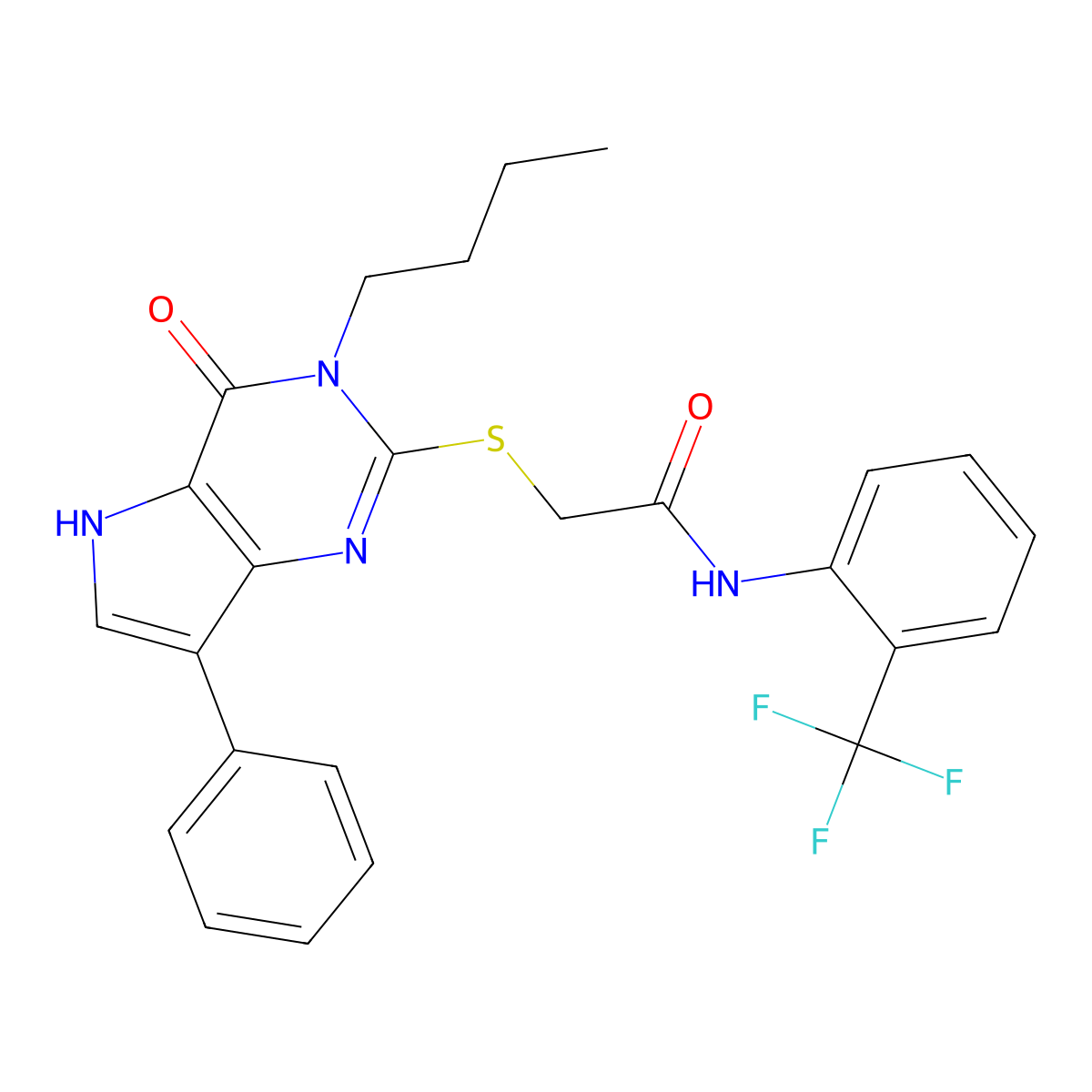 2-((3-butyl-4-oxo-7-phenyl-4,5-dihydro-3H-pyrrolo[3,2-d]pyrimidin-2-yl)thio)-N-(2-(trifluoromethyl)phenyl)acetamide molecular structure, CAS 2034482-56-7