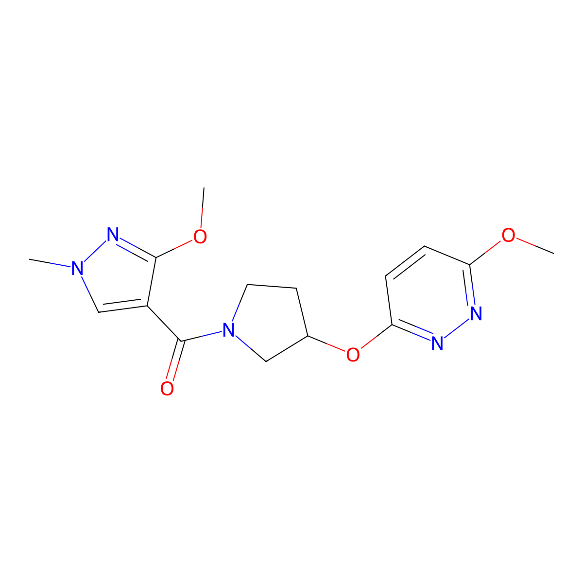 (3-methoxy-1-methyl-1H-pyrazol-4-yl)(3-((6-methoxypyridazin-3-yl)oxy)pyrrolidin-1-yl)methanone molecular structure, CAS 2034482-87-4