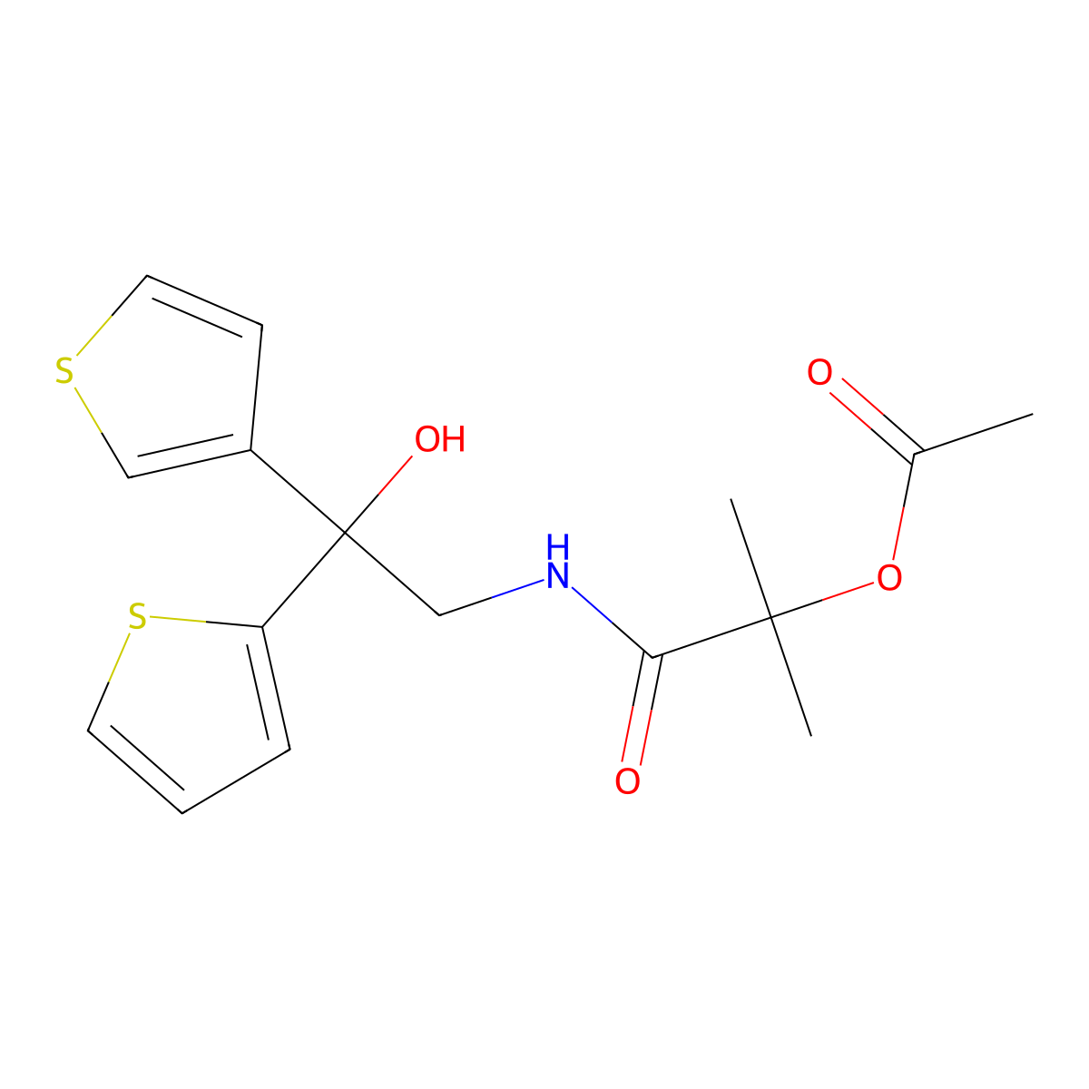 1-((2-Hydroxy-2-(thiophen-2-yl)-2-(thiophen-3-yl)ethyl)amino)-2-methyl-1-oxopropan-2-yl acetate molecular structure, CAS 2034482-95-4