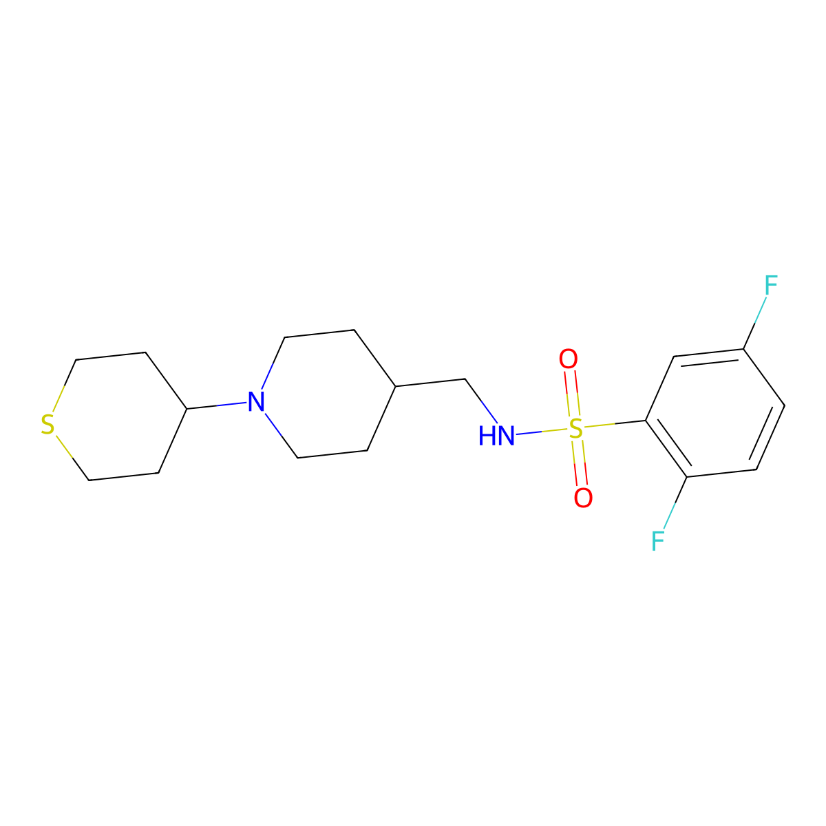 2,5-difluoro-N-((1-(tetrahydro-2H-thiopyran-4-yl)piperidin-4-yl)methyl)benzenesulfonamide molecular structure, CAS 2034483-00-4