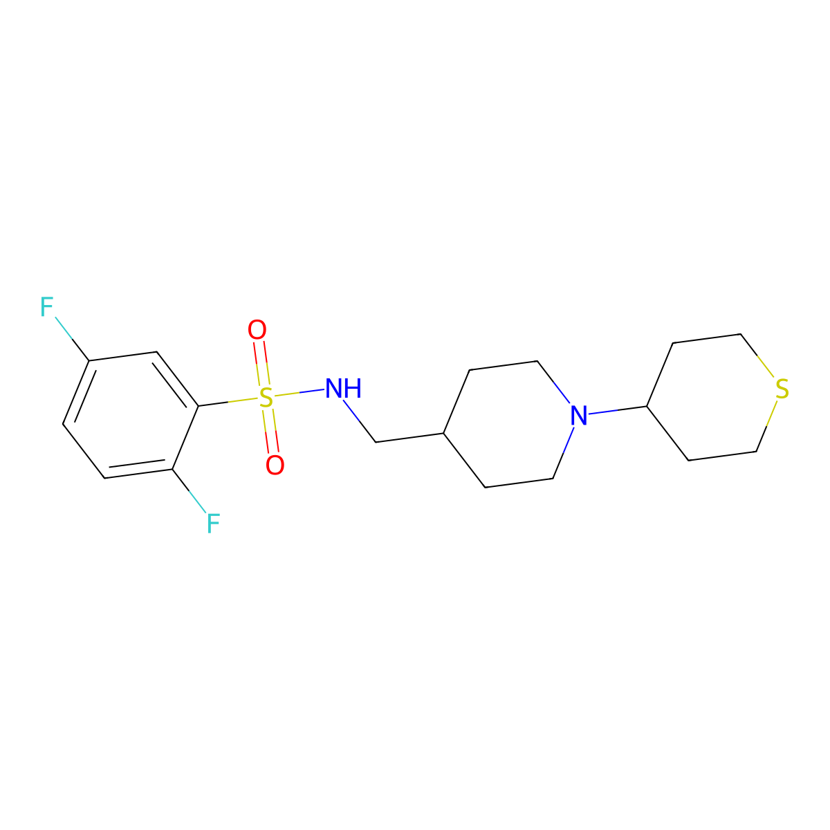 2,5-difluoro-N-((1-(tetrahydro-2H-thiopyran-4-yl)piperidin-4-yl)methyl)benzenesulfonamide molecular structure, CAS 2034483-00-4