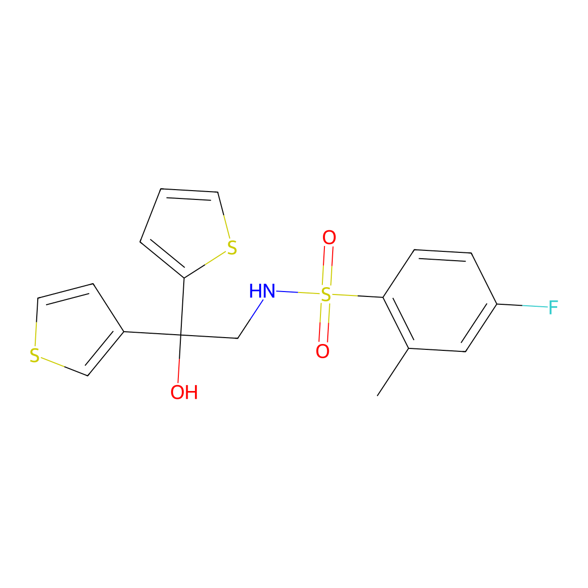 4-fluoro-N-(2-hydroxy-2-(thiophen-2-yl)-2-(thiophen-3-yl)ethyl)-2-methylbenzenesulfonamide molecular structure, CAS 2034483-06-0