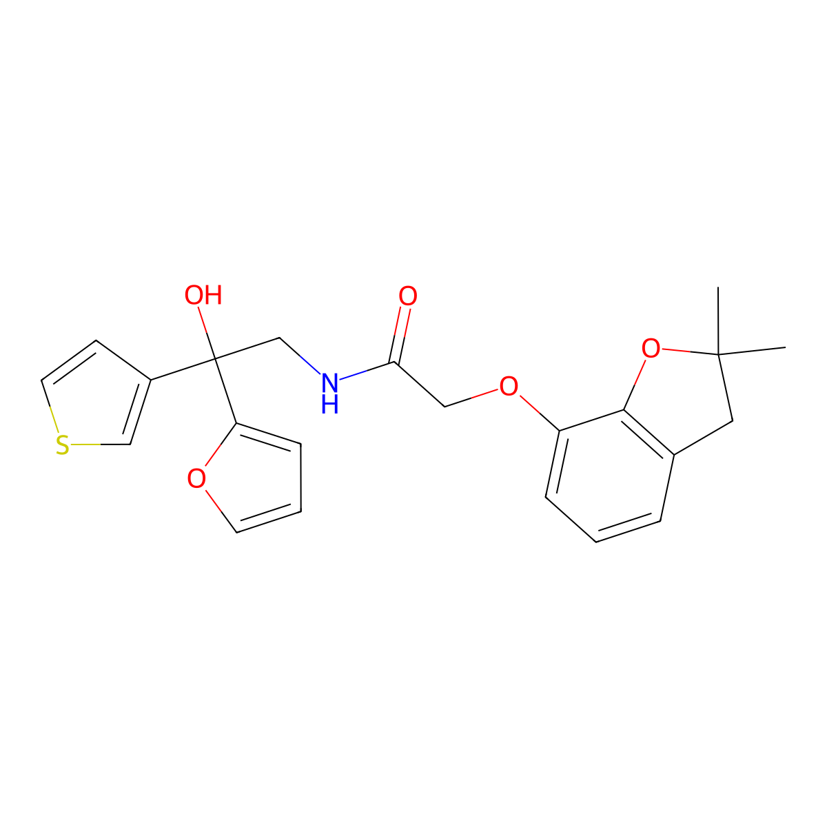 2-((2,2-dimethyl-2,3-dihydrobenzofuran-7-yl)oxy)-N-(2-(furan-2-yl)-2-hydroxy-2-(thiophen-3-yl)ethyl)acetamide molecular structure, CAS 2034483-08-2