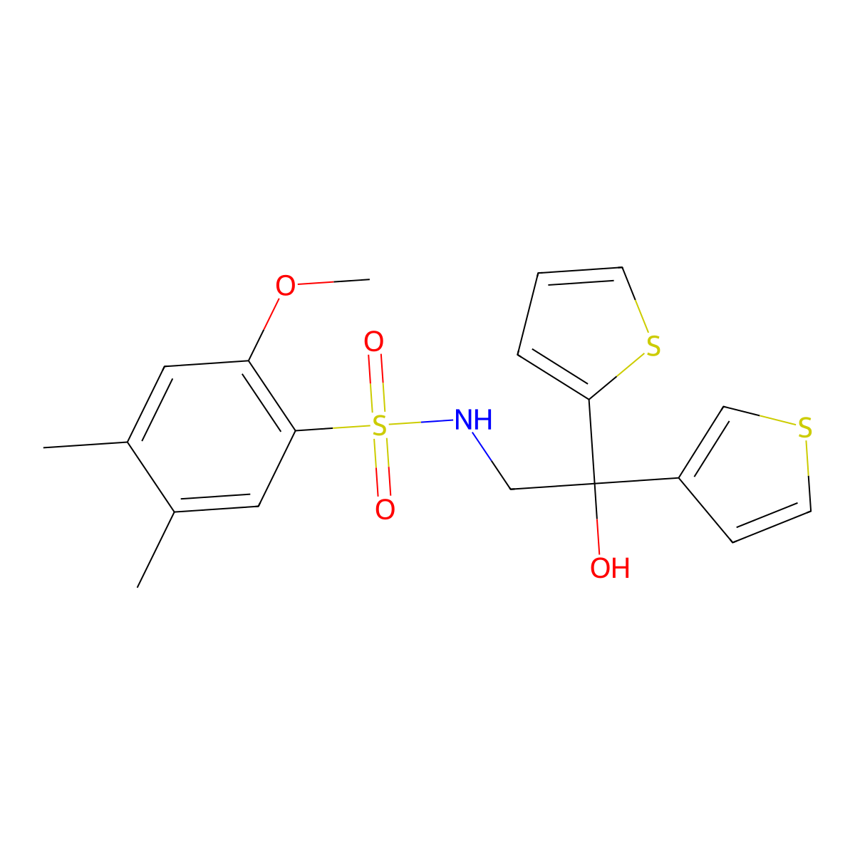 N-(2-hydroxy-2-(thiophen-2-yl)-2-(thiophen-3-yl)ethyl)-2-methoxy-4,5-dimethylbenzenesulfonamide molecular structure, CAS 2034483-11-7