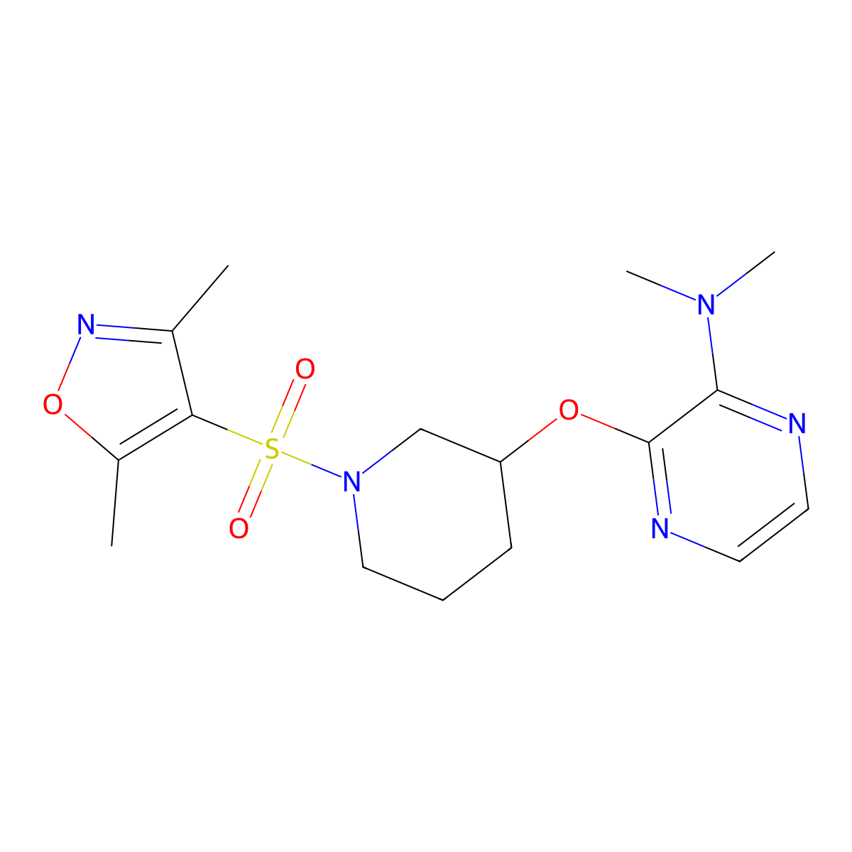 3-((1-((3,5-dimethylisoxazol-4-yl)sulfonyl)piperidin-3-yl)oxy)-N,N-dimethylpyrazin-2-amine molecular structure, CAS 2034483-16-2