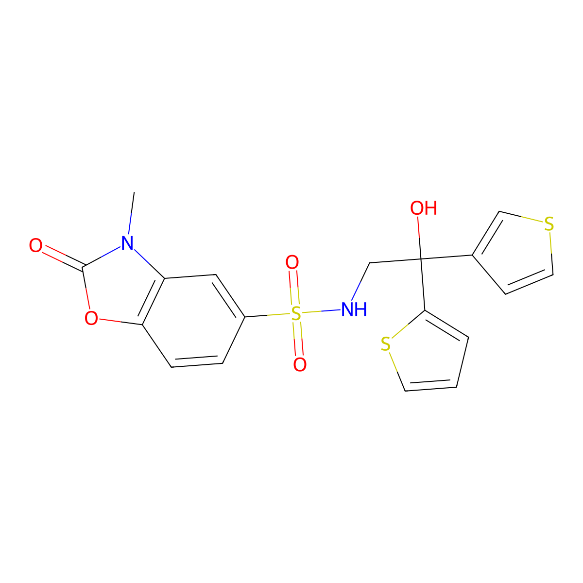 N-(2-hydroxy-2-(thiophen-2-yl)-2-(thiophen-3-yl)ethyl)-3-methyl-2-oxo-2,3-dihydrobenzo[d]oxazole-5-sulfonamide molecular structure, CAS 2034483-23-1