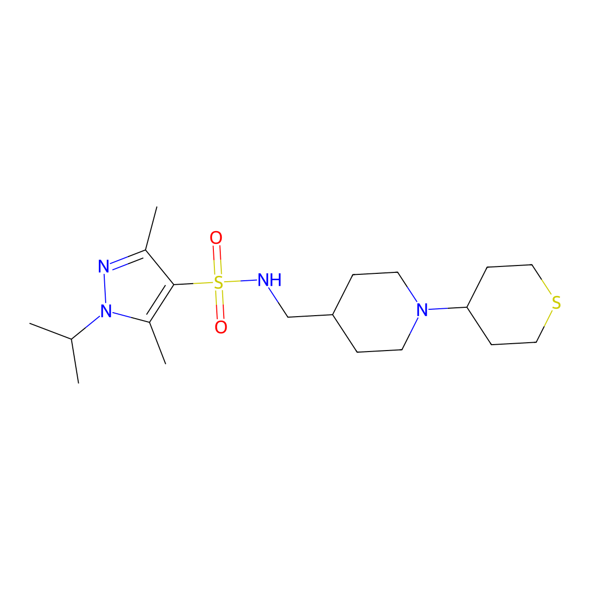 1-isopropyl-3,5-dimethyl-N-((1-(tetrahydro-2H-thiopyran-4-yl)piperidin-4-yl)methyl)-1H-pyrazole-4-sulfonamide molecular structure, CAS 2034483-26-4