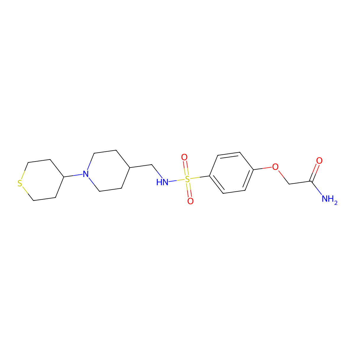 2-(4-(N-((1-(tetrahydro-2H-thiopyran-4-yl)piperidin-4-yl)methyl)sulfamoyl)phenoxy)acetamide molecular structure, CAS 2034483-33-3
