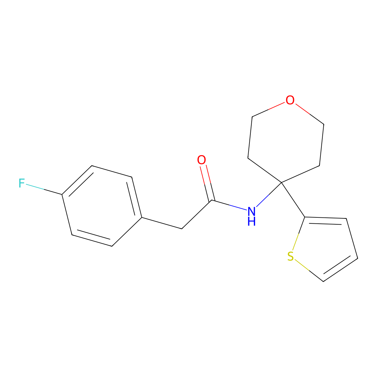 2-(4-fluorophenyl)-N-(4-(thiophen-2-yl)tetrahydro-2H-pyran-4-yl)acetamide molecular structure, CAS 2034483-34-4