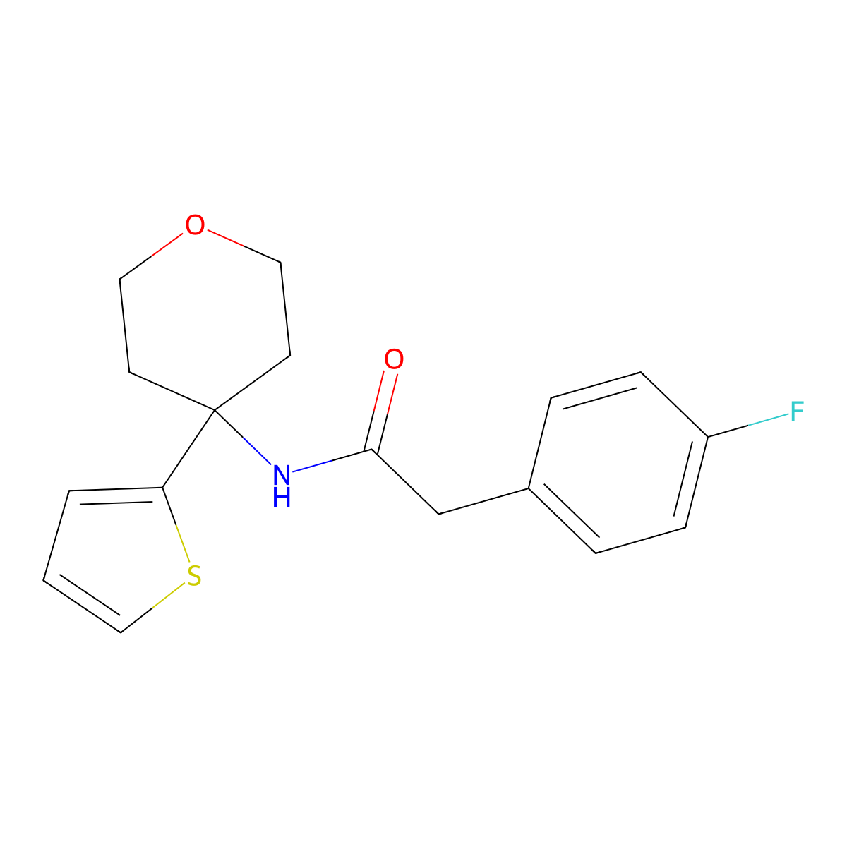 2-(4-fluorophenyl)-N-(4-(thiophen-2-yl)tetrahydro-2H-pyran-4-yl)acetamide molecular structure, CAS 2034483-34-4
