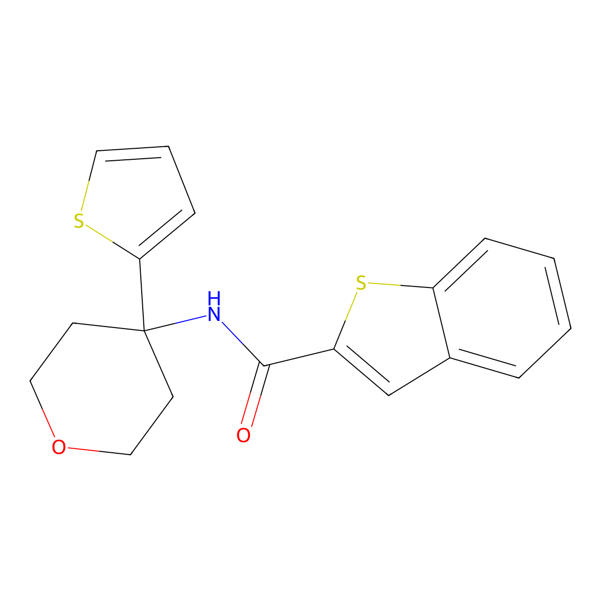 N-(4-(thiophen-2-yl)tetrahydro-2H-pyran-4-yl)benzo[b]thiophene-2-carboxamide molecular structure, CAS 2034483-38-8