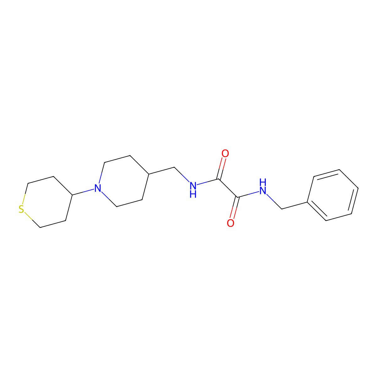 N1-benzyl-N2-((1-(tetrahydro-2H-thiopyran-4-yl)piperidin-4-yl)methyl)oxalamide molecular structure, CAS 2034483-39-9