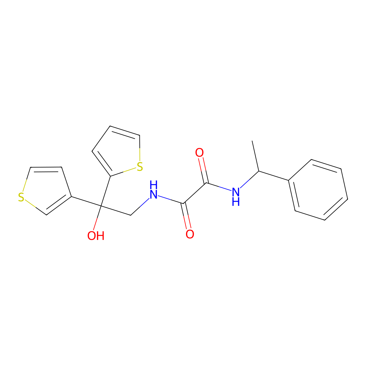 N1-(2-hydroxy-2-(thiophen-2-yl)-2-(thiophen-3-yl)ethyl)-N2-(1-phenylethyl)oxalamide molecular structure, CAS 2034483-41-3