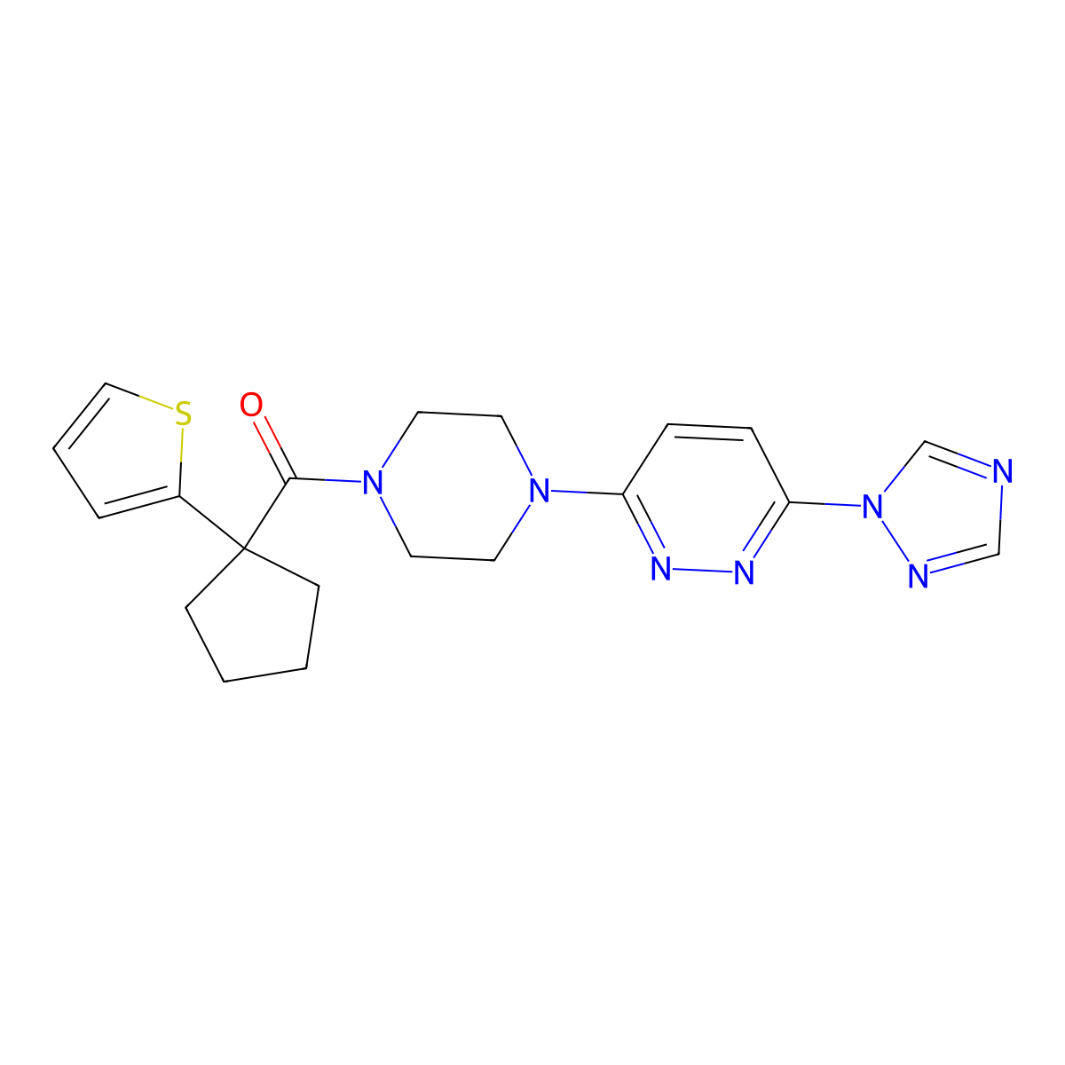 (4-(6-(1H-1,2,4-triazol-1-yl)pyridazin-3-yl)piperazin-1-yl)(1-(thiophen-2-yl)cyclopentyl)methanone molecular structure, CAS 2034483-54-8