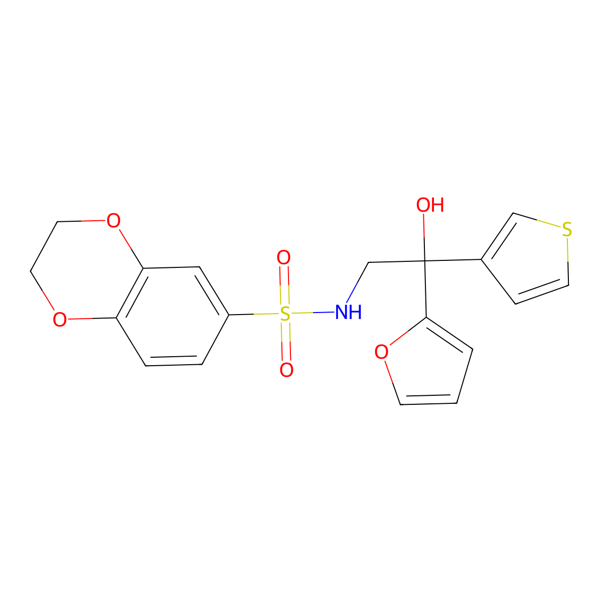 N-(2-(furan-2-yl)-2-hydroxy-2-(thiophen-3-yl)ethyl)-2,3-dihydrobenzo[b][1,4]dioxine-6-sulfonamide molecular structure, CAS 2034483-61-7