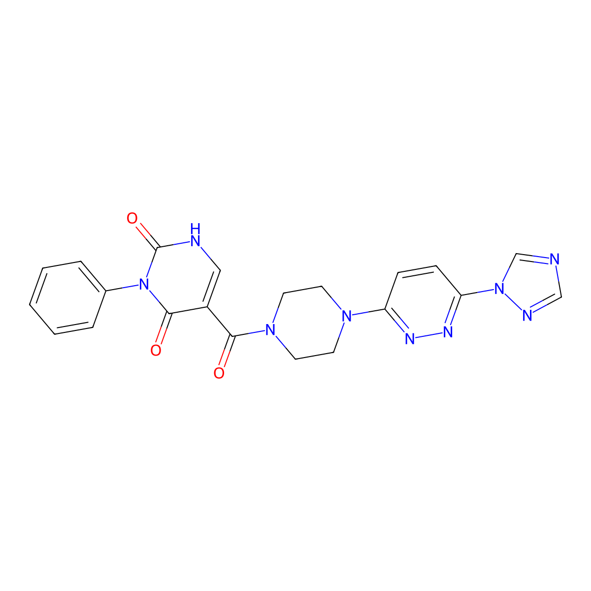 5-(4-(6-(1H-1,2,4-triazol-1-yl)pyridazin-3-yl)piperazine-1-carbonyl)-3-phenylpyrimidine-2,4(1H,3H)-dione molecular structure, CAS 2034483-63-9