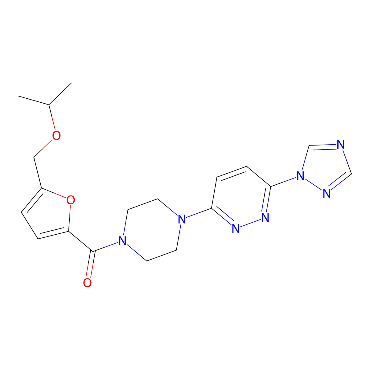 (4-(6-(1H-1,2,4-triazol-1-yl)pyridazin-3-yl)piperazin-1-yl)(5-(isopropoxymethyl)furan-2-yl)methanone molecular structure, CAS 2034483-71-9