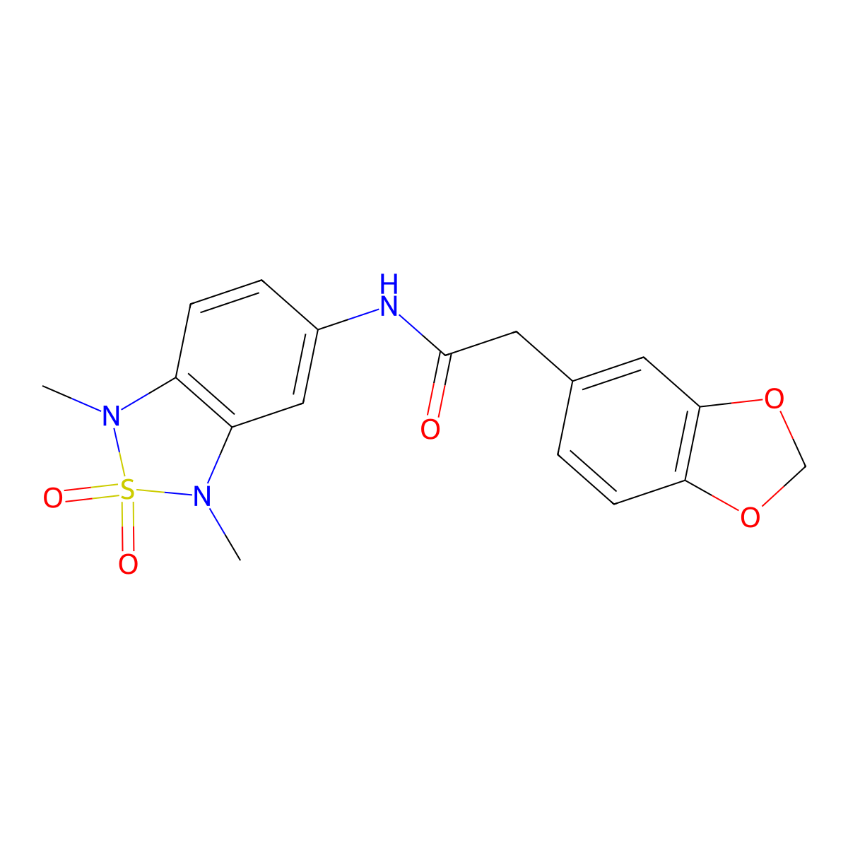 2-(benzo[d][1,3]dioxol-5-yl)-N-(1,3-dimethyl-2,2-dioxido-1,3-dihydrobenzo[c][1,2,5]thiadiazol-5-yl)acetamide molecular structure, CAS 2034483-73-1