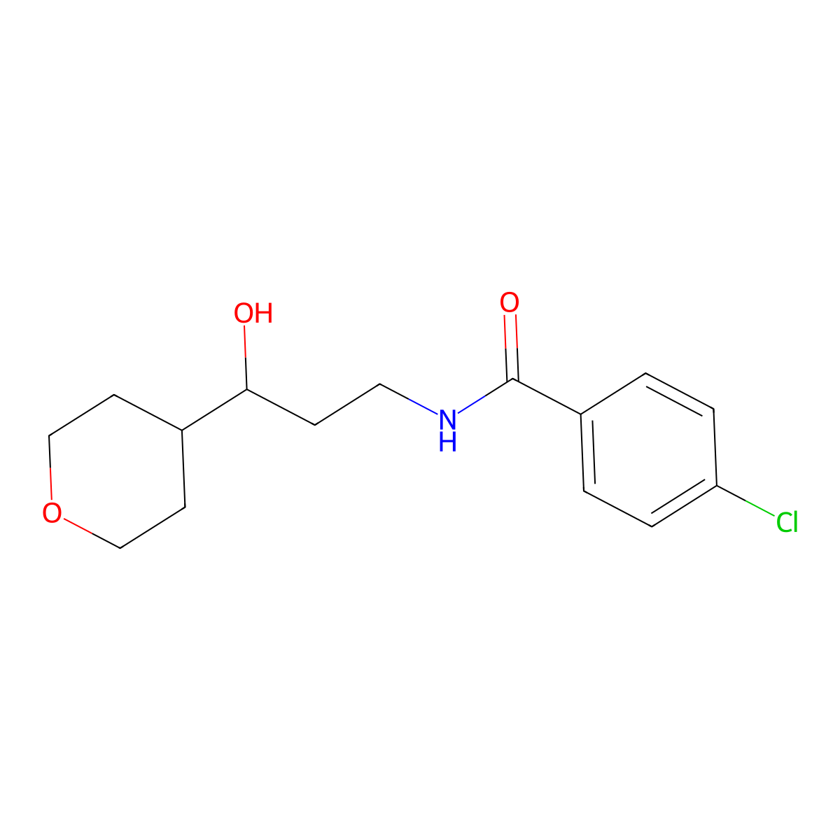4-chloro-N-(3-hydroxy-3-(tetrahydro-2H-pyran-4-yl)propyl)benzamide molecular structure, CAS 2034483-90-2