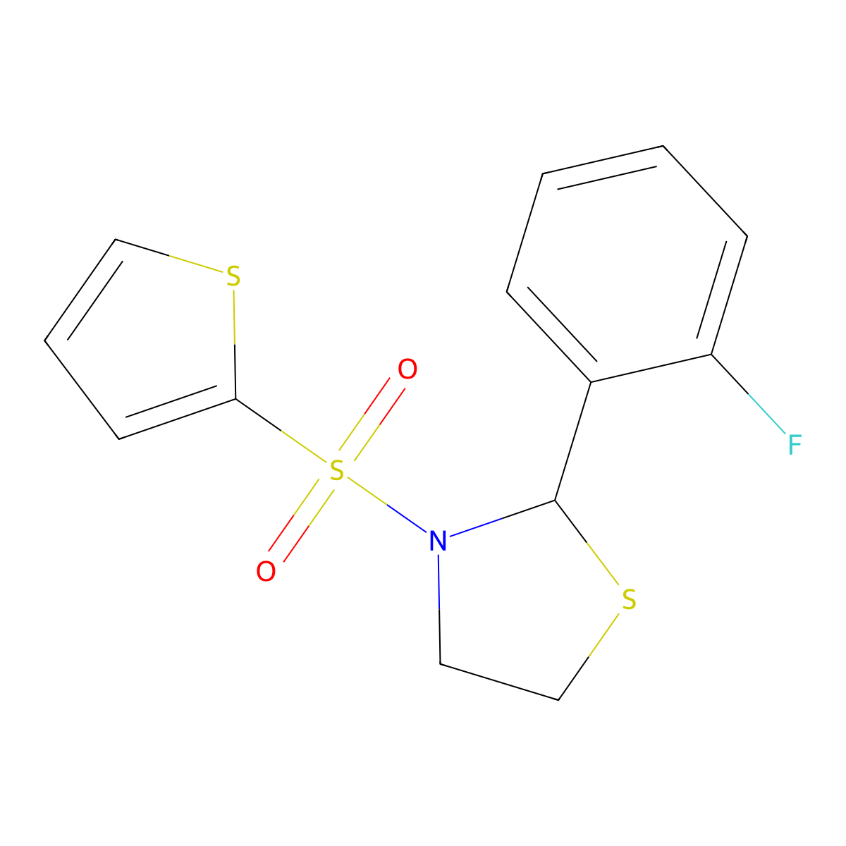 2-(2-Fluorophenyl)-3-(thiophen-2-ylsulfonyl)thiazolidine molecular structure, CAS 2034484-02-9