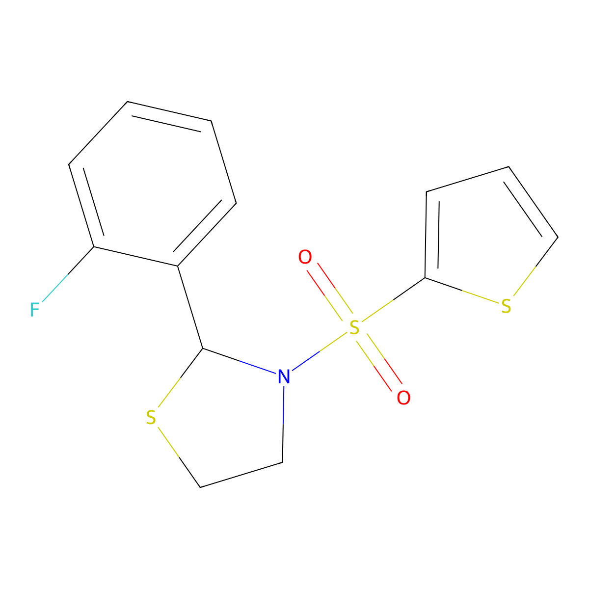 2-(2-Fluorophenyl)-3-(thiophen-2-ylsulfonyl)thiazolidine molecular structure, CAS 2034484-02-9