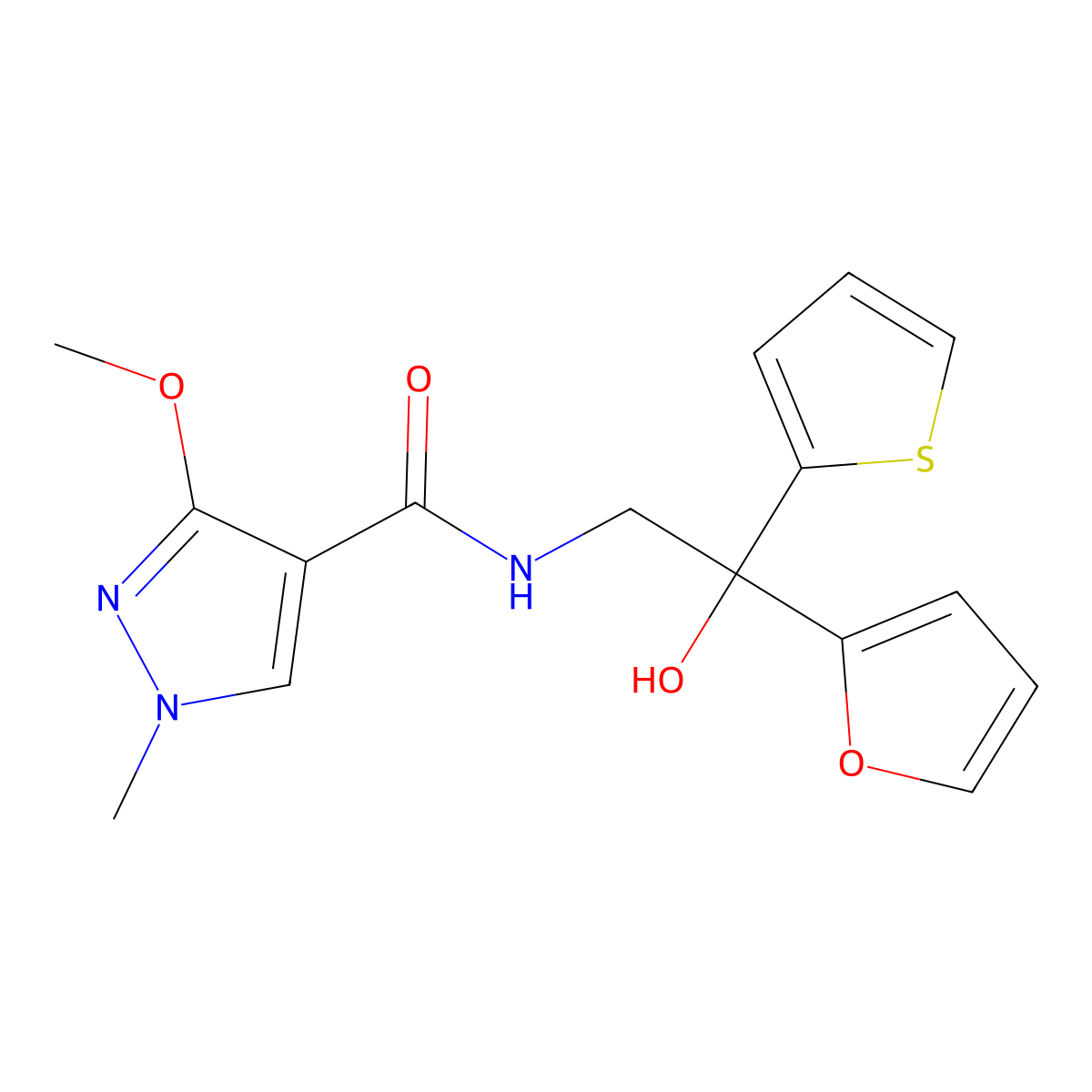 N-(2-(furan-2-yl)-2-hydroxy-2-(thiophen-2-yl)ethyl)-3-methoxy-1-methyl-1H-pyrazole-4-carboxamide molecular structure, CAS 2034484-04-1