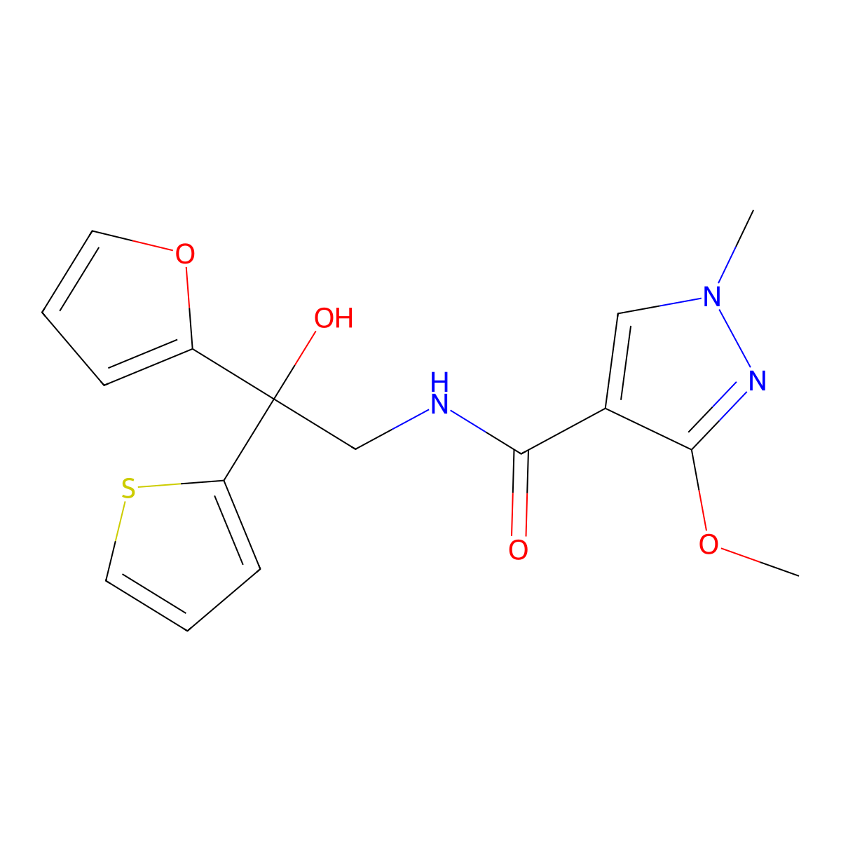 N-(2-(furan-2-yl)-2-hydroxy-2-(thiophen-2-yl)ethyl)-3-methoxy-1-methyl-1H-pyrazole-4-carboxamide molecular structure, CAS 2034484-04-1