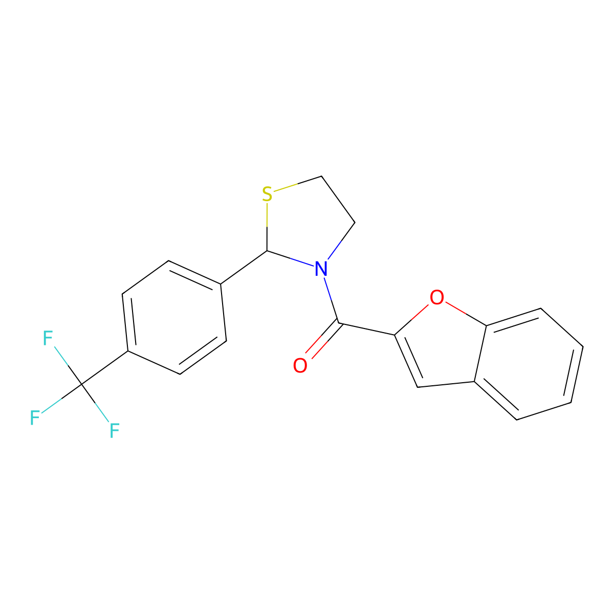 Benzofuran-2-yl(2-(4-(trifluoromethyl)phenyl)thiazolidin-3-yl)methanone molecular structure, CAS 2034484-07-4