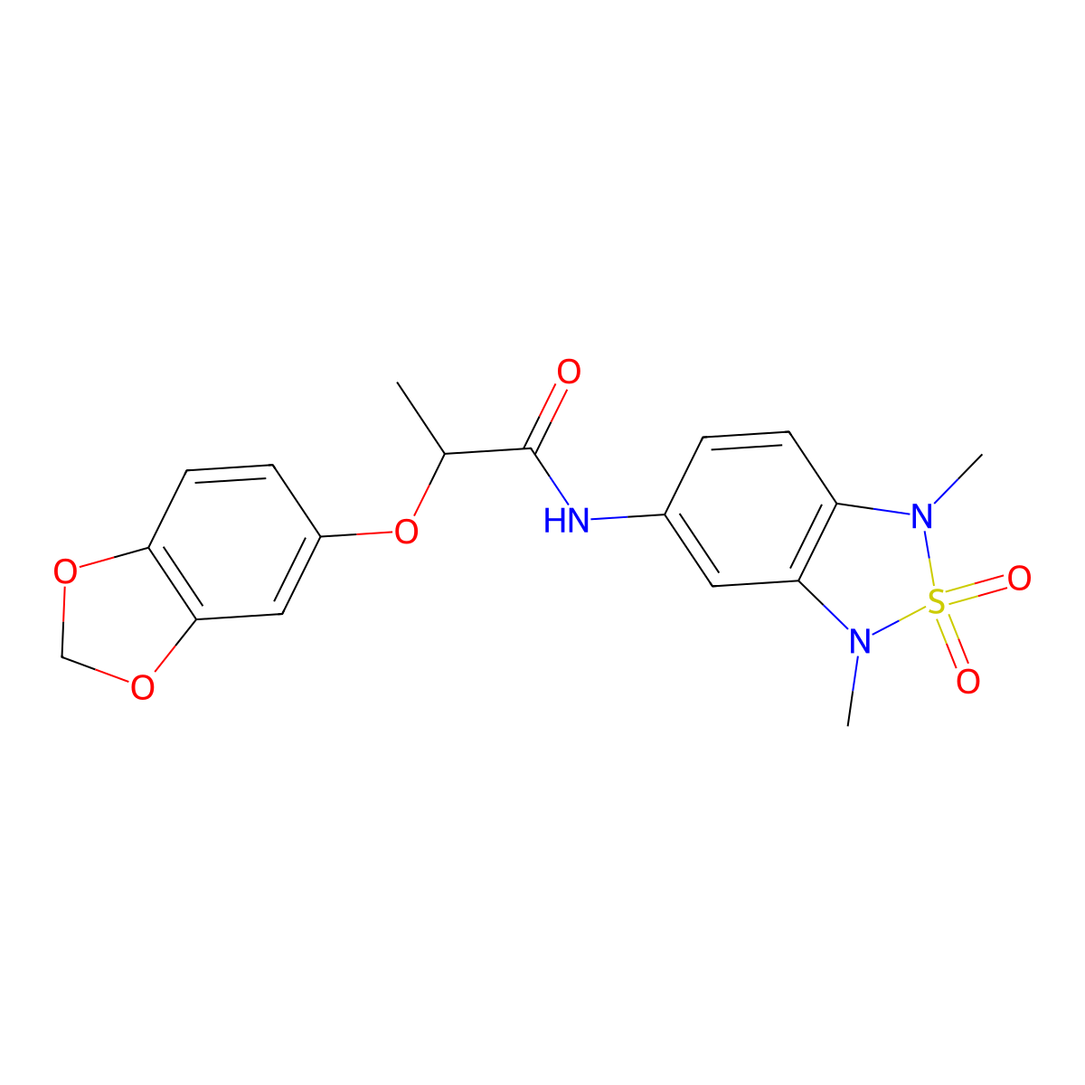 2-(benzo[d][1,3]dioxol-5-yloxy)-N-(1,3-dimethyl-2,2-dioxido-1,3-dihydrobenzo[c][1,2,5]thiadiazol-5-yl)propanamide molecular structure, CAS 2034484-13-2