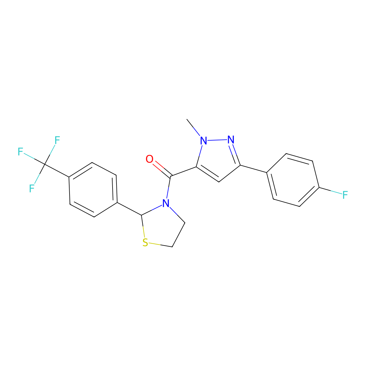 (3-(4-fluorophenyl)-1-methyl-1H-pyrazol-5-yl)(2-(4-(trifluoromethyl)phenyl)thiazolidin-3-yl)methanone molecular structure, CAS 2034484-15-4