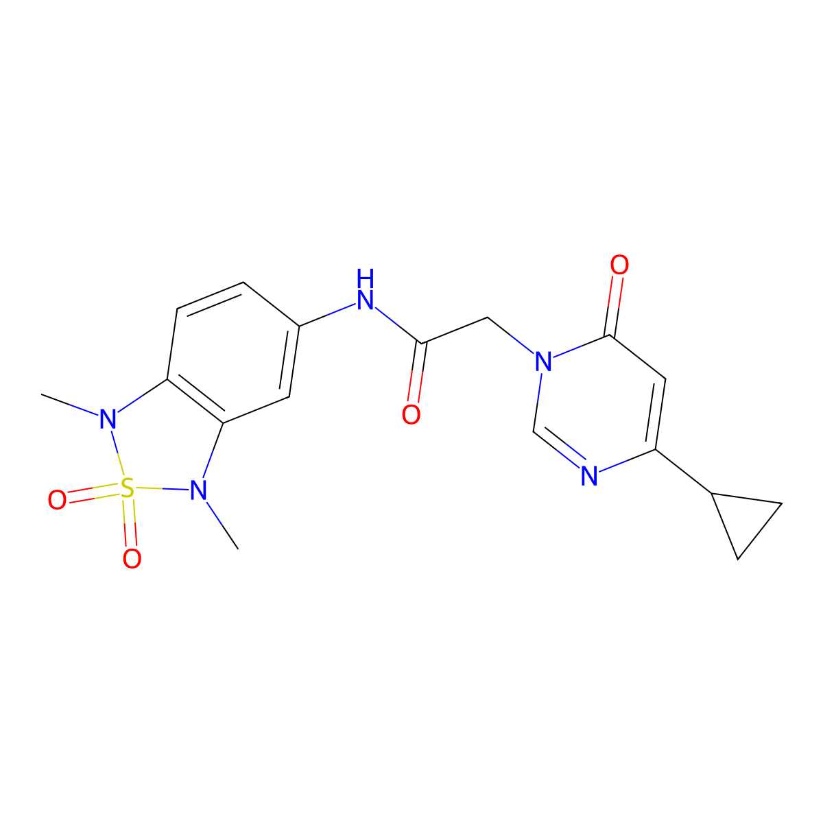 2-(4-cyclopropyl-6-oxopyrimidin-1(6H)-yl)-N-(1,3-dimethyl-2,2-dioxido-1,3-dihydrobenzo[c][1,2,5]thiadiazol-5-yl)acetamide molecular structure, CAS 2034484-21-2
