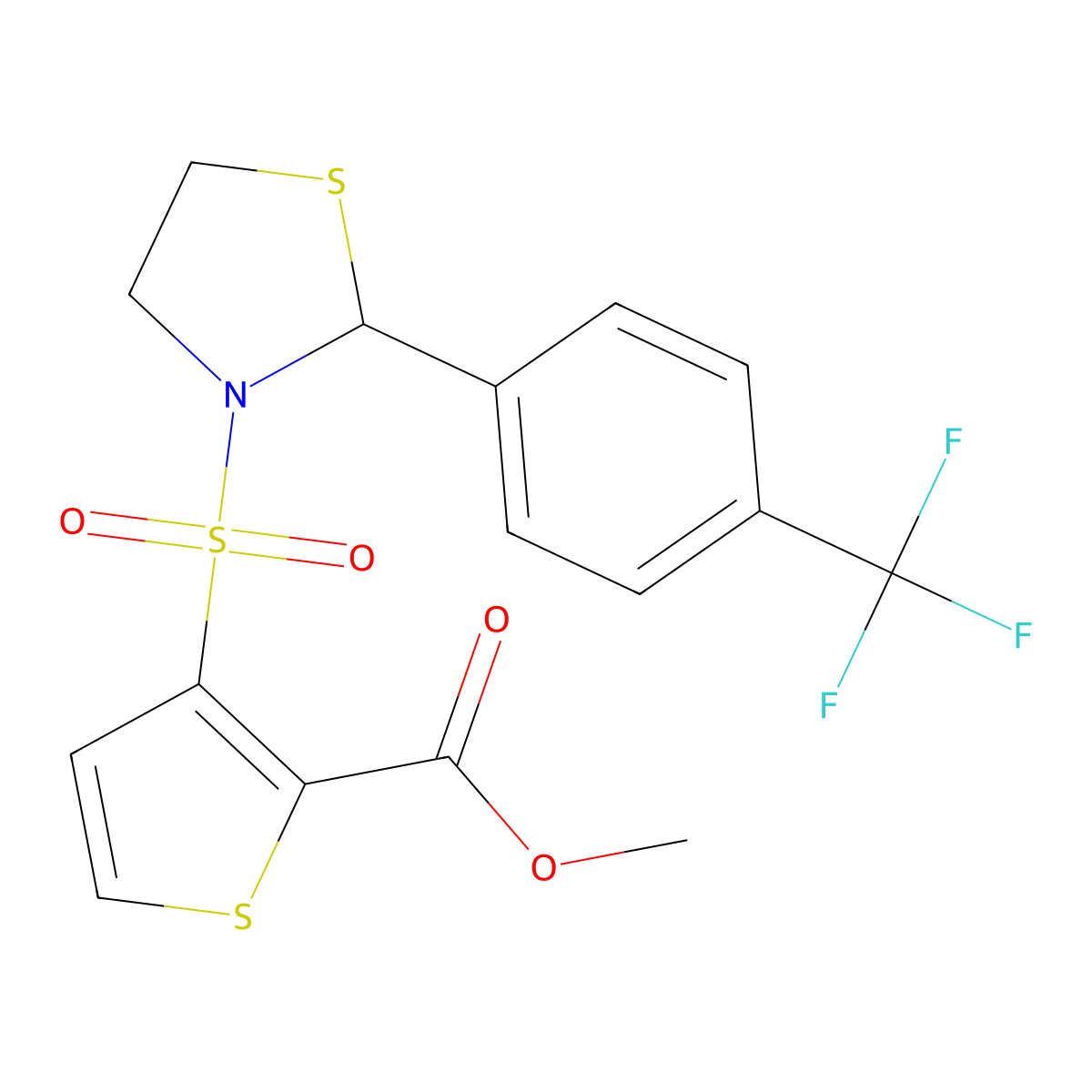 Methyl 3-((2-(4-(trifluoromethyl)phenyl)thiazolidin-3-yl)sulfonyl)thiophene-2-carboxylate molecular structure, CAS 2034484-22-3
