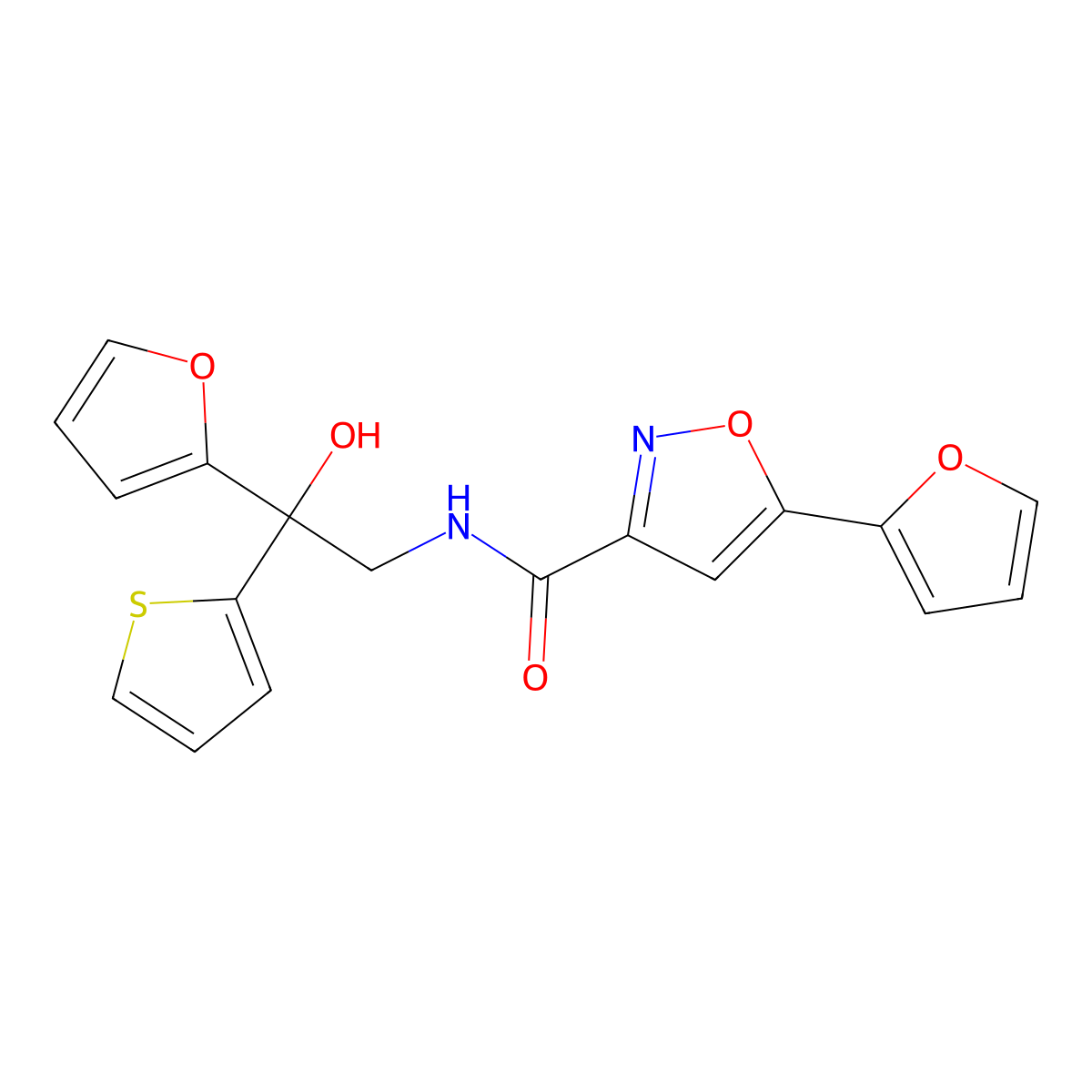 5-(furan-2-yl)-N-(2-(furan-2-yl)-2-hydroxy-2-(thiophen-2-yl)ethyl)isoxazole-3-carboxamide molecular structure, CAS 2034484-25-6