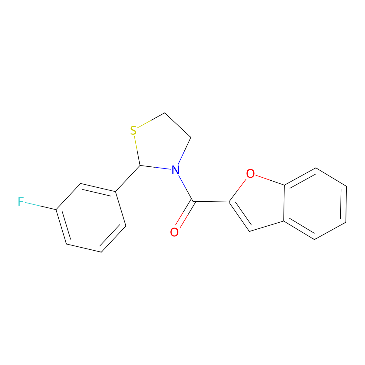 Benzofuran-2-yl(2-(3-fluorophenyl)thiazolidin-3-yl)methanone molecular structure, CAS 2034484-31-4