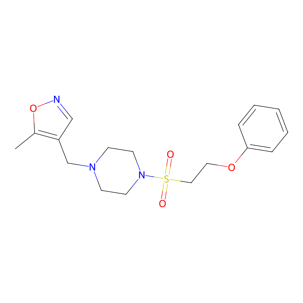 5-Methyl-4-((4-((2-phenoxyethyl)sulfonyl)piperazin-1-yl)methyl)isoxazole molecular structure, CAS 2034484-33-6