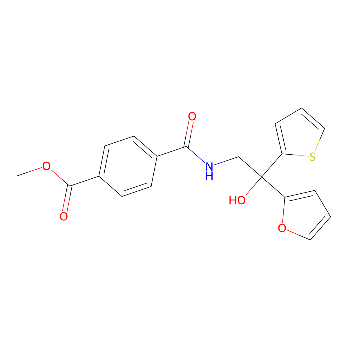Methyl 4-((2-(furan-2-yl)-2-hydroxy-2-(thiophen-2-yl)ethyl)carbamoyl)benzoate molecular structure, CAS 2034484-35-8