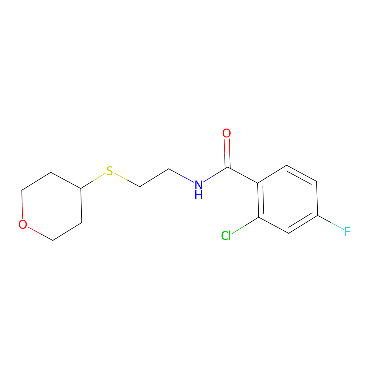 2-chloro-4-fluoro-N-[2-(oxan-4-ylsulfanyl)ethyl]benzamide molecular structure, CAS 2034484-41-6