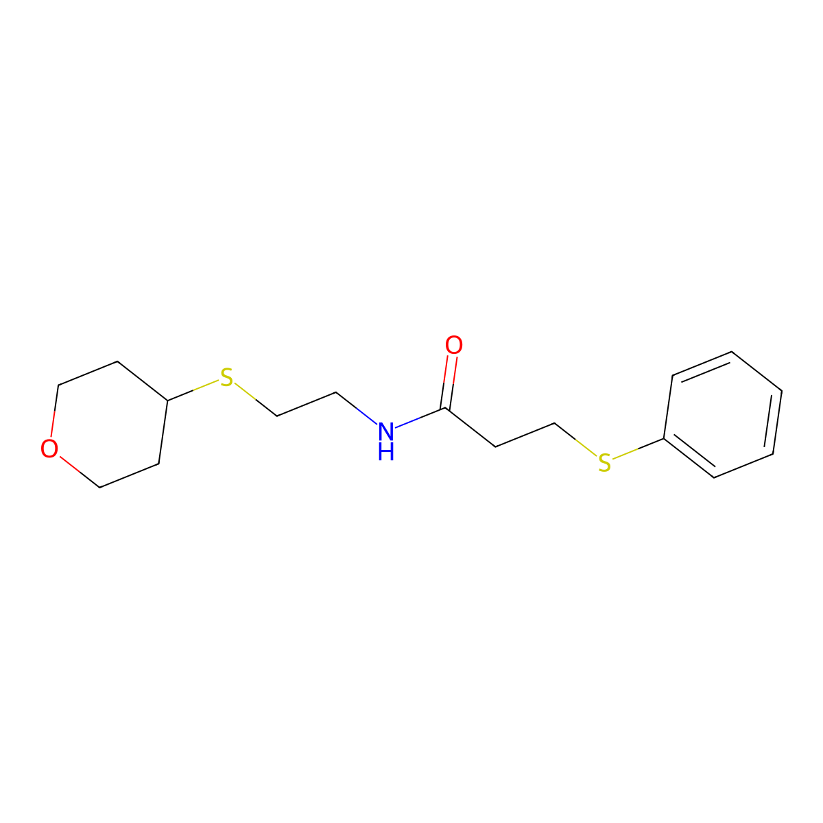 3-(phenylthio)-N-(2-((tetrahydro-2H-pyran-4-yl)thio)ethyl)propanamide molecular structure, CAS 2034484-48-3