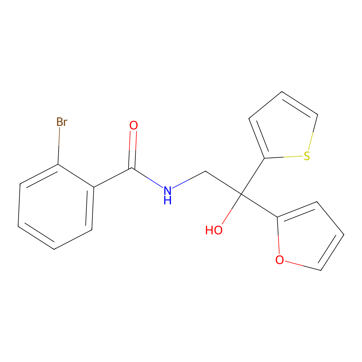 2-bromo-N-(2-(furan-2-yl)-2-hydroxy-2-(thiophen-2-yl)ethyl)benzamide molecular structure, CAS 2034484-49-4